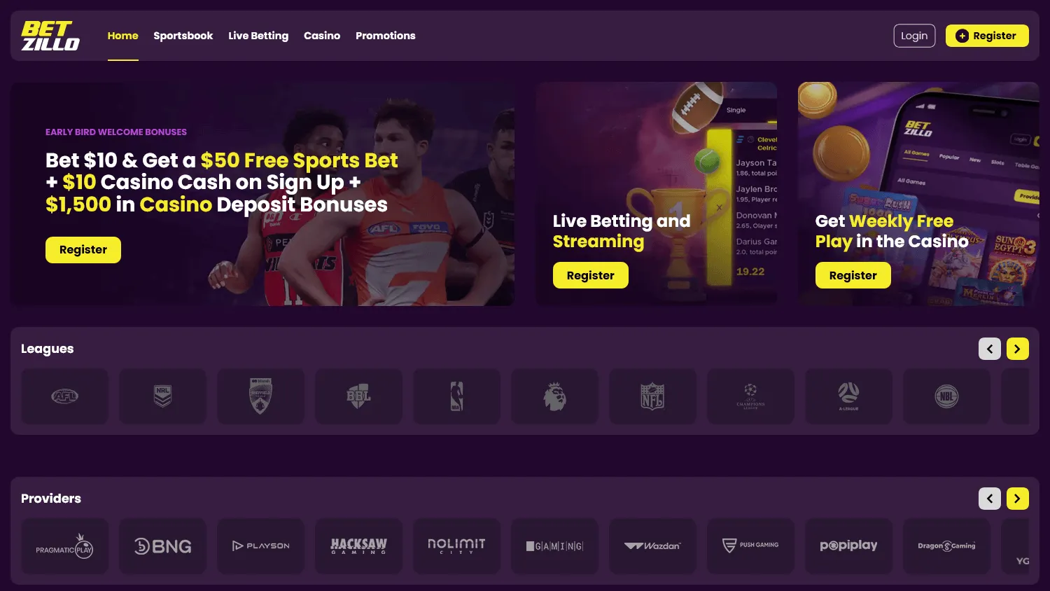 Betzillo Casino desktop home experience with casino and sportsbook access