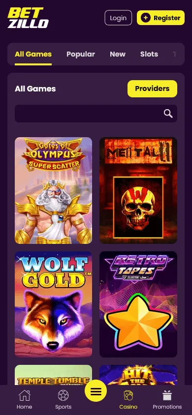 Betzillo Casino mobile browser games area
