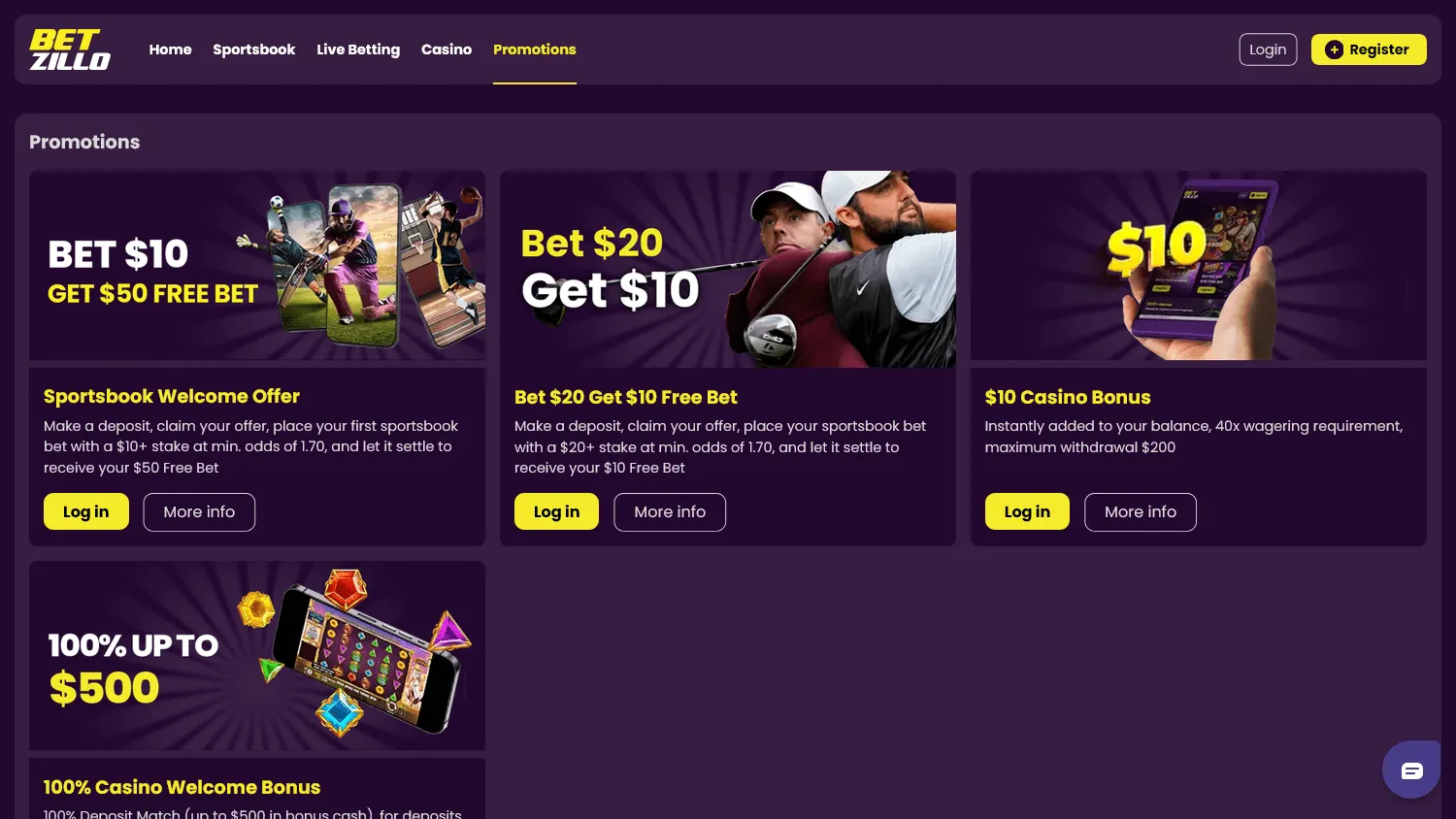 Betzillo Casino desktop promotions area with welcome and sports offers