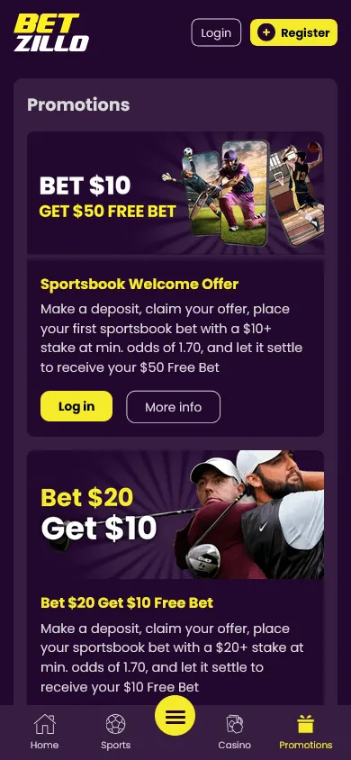 Betzillo Casino mobile browser promotions area