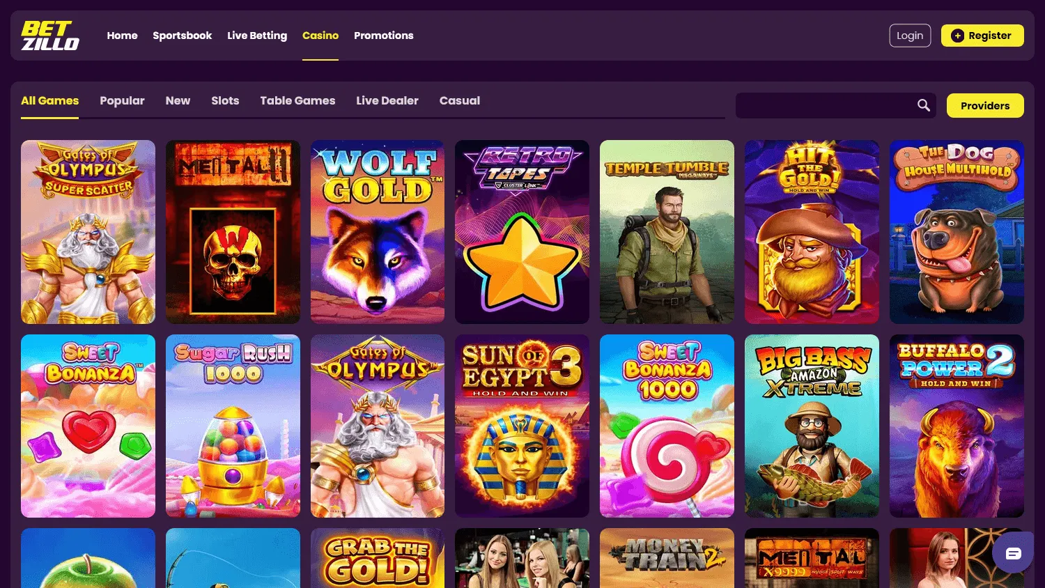 Betzillo Casino desktop games area with casino categories